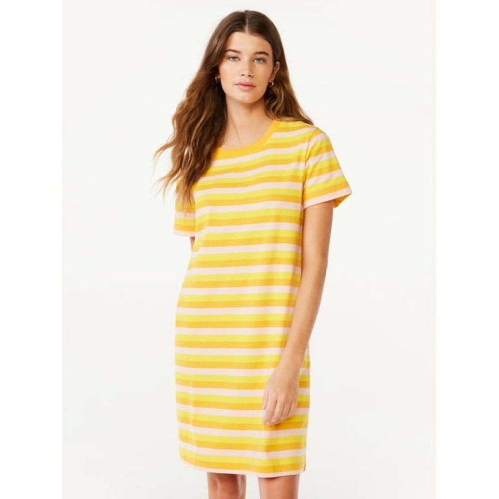 Free Assembly Medium M Striped Short Sleeve T-Shirt Dress Yellow Orange Pink